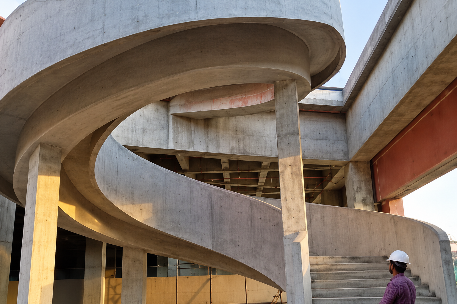Curved exposed fair face concrete staircase at Thapar University