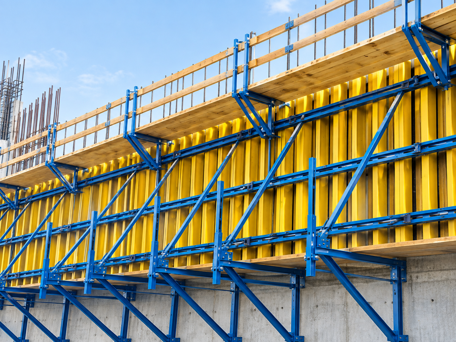Dummy illustration of yellow timber formwork and blue support frames