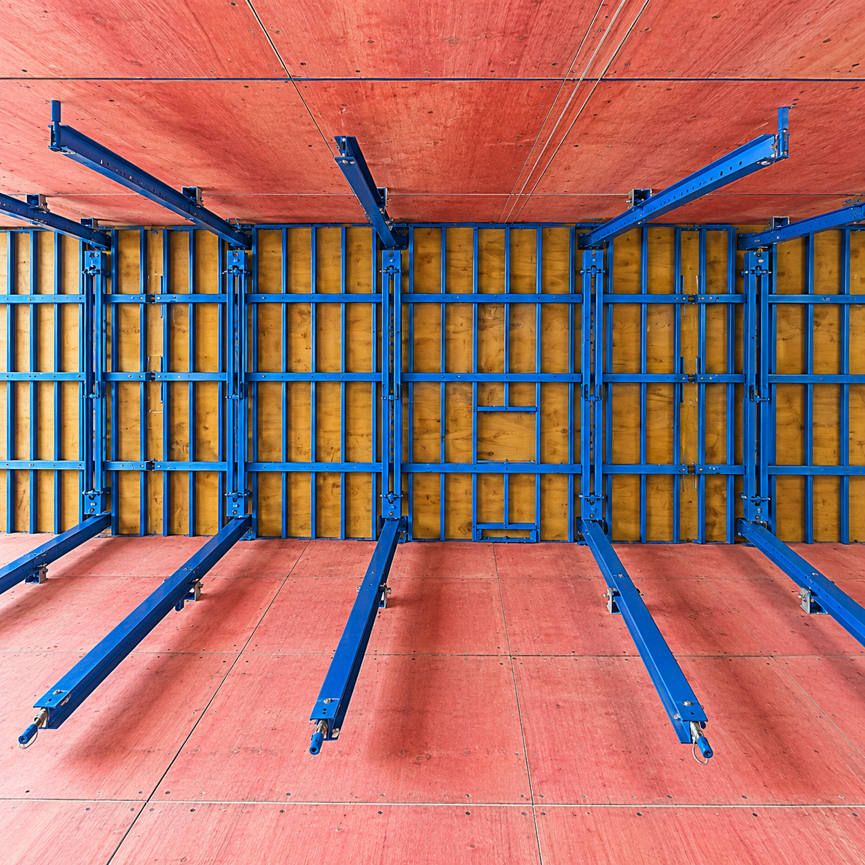 Dummy perspective illustration of a shaft interior with red platform panels and blue steel supports