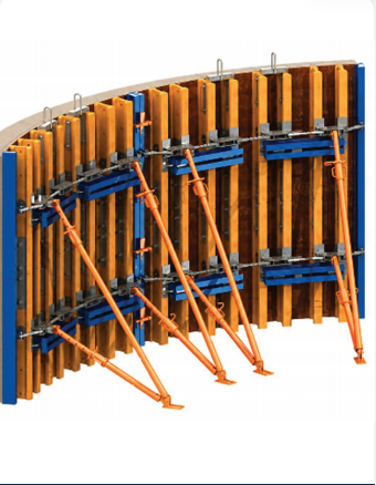 Timber beam and wailer formwork with angled supports